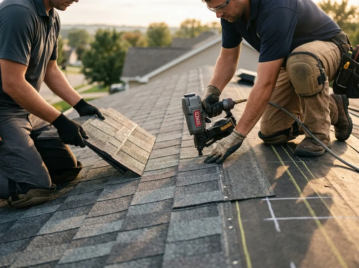 Professional roofer working on a residential roof in Alvin